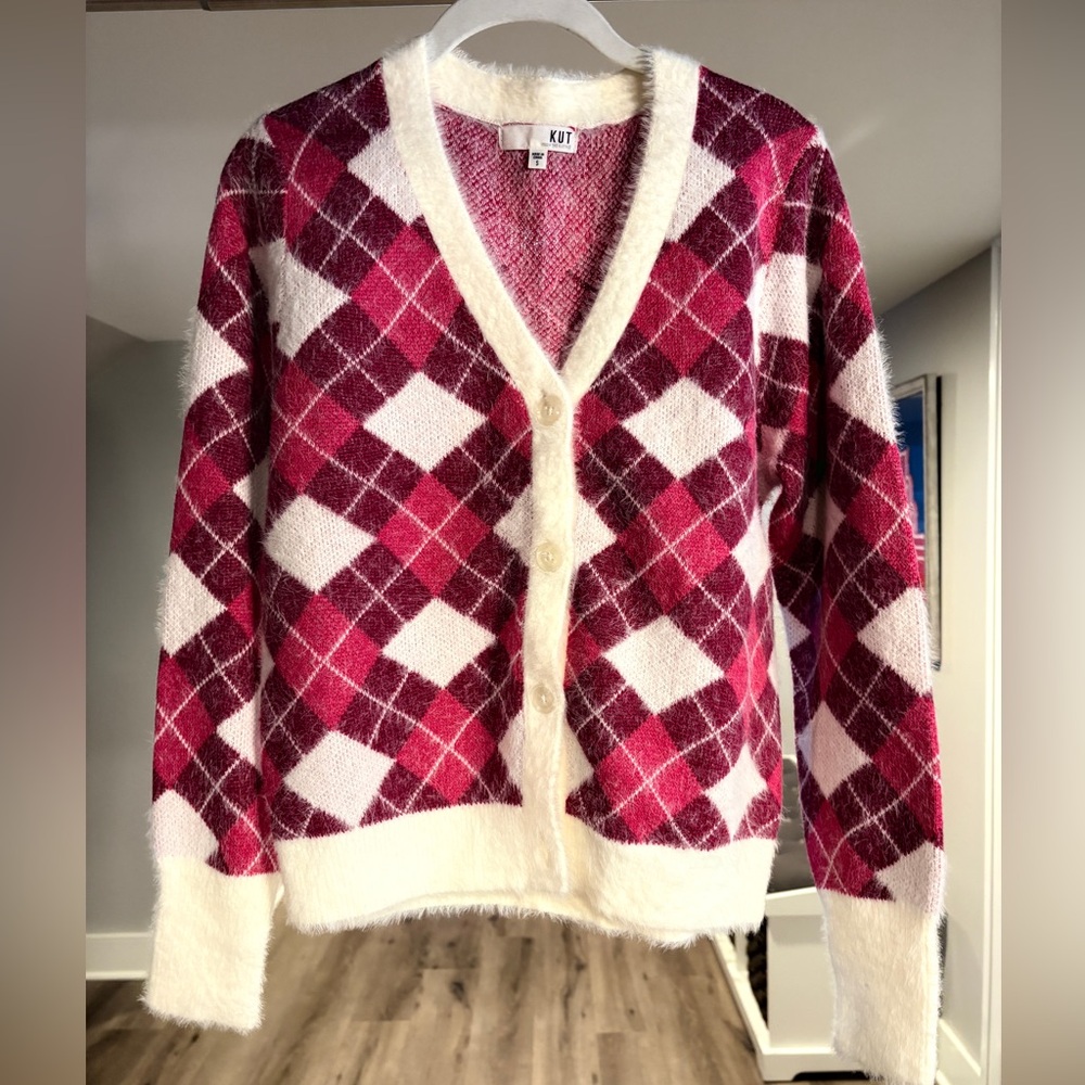 Kut from the Kloth Women's Pink and White Plaid Cardigan